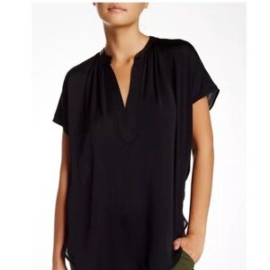 ❤️ VINCE 100% silk black blouse high low top shirt short sleeve